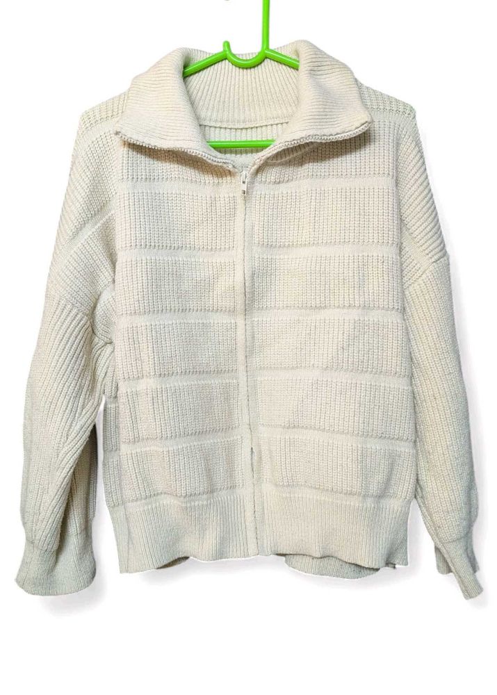 Cream Knit Zip-Up Jacket