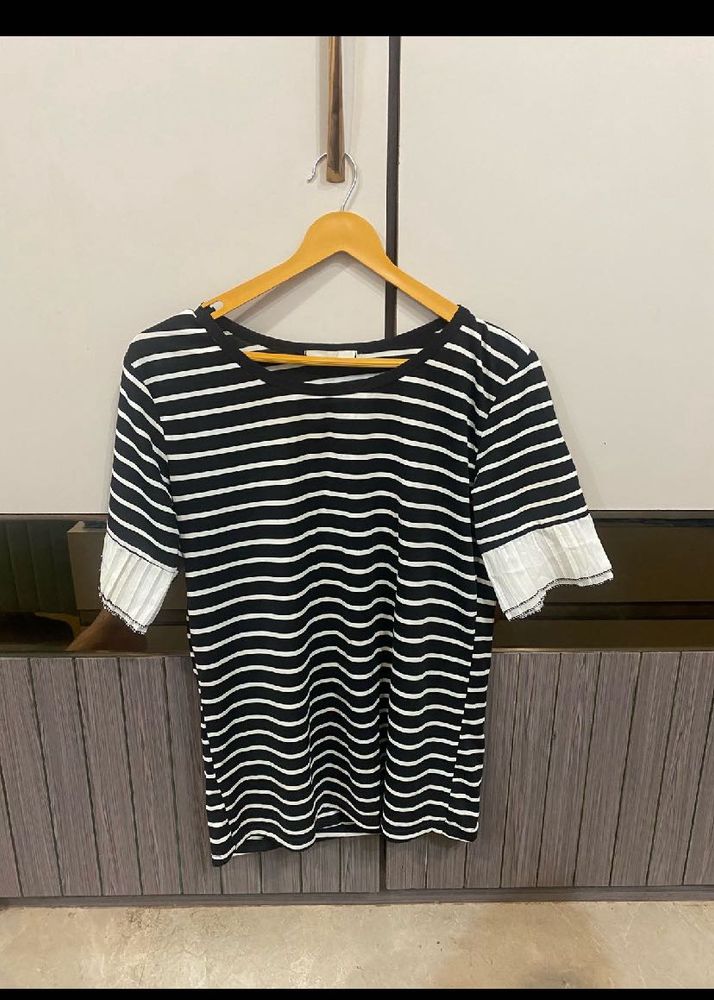 Striped Tee with Pleated Sleeves