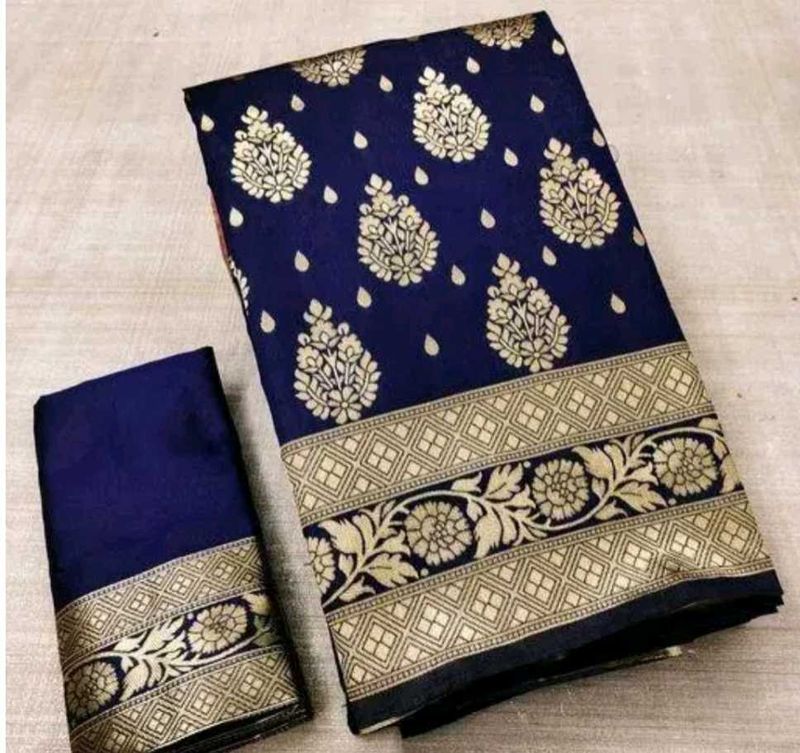 Woven Banarasi Jacquard Saree (Dark Blue)