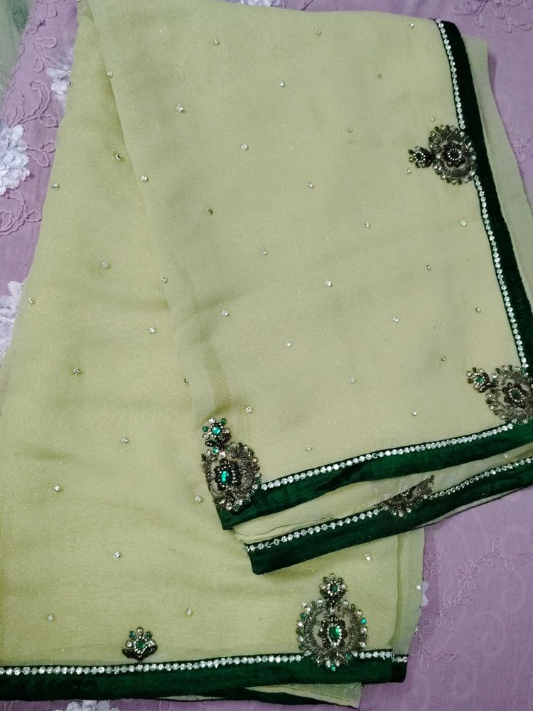 Stone Work Saree With Stiched Blouse