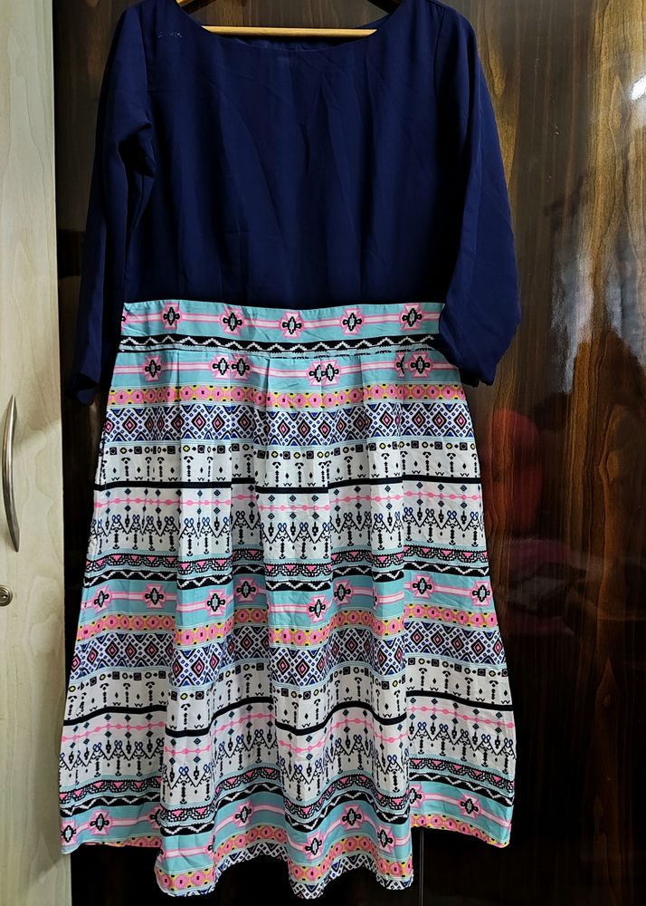 Navy Blue Georgette Printed Fit &amp; Flare Dress