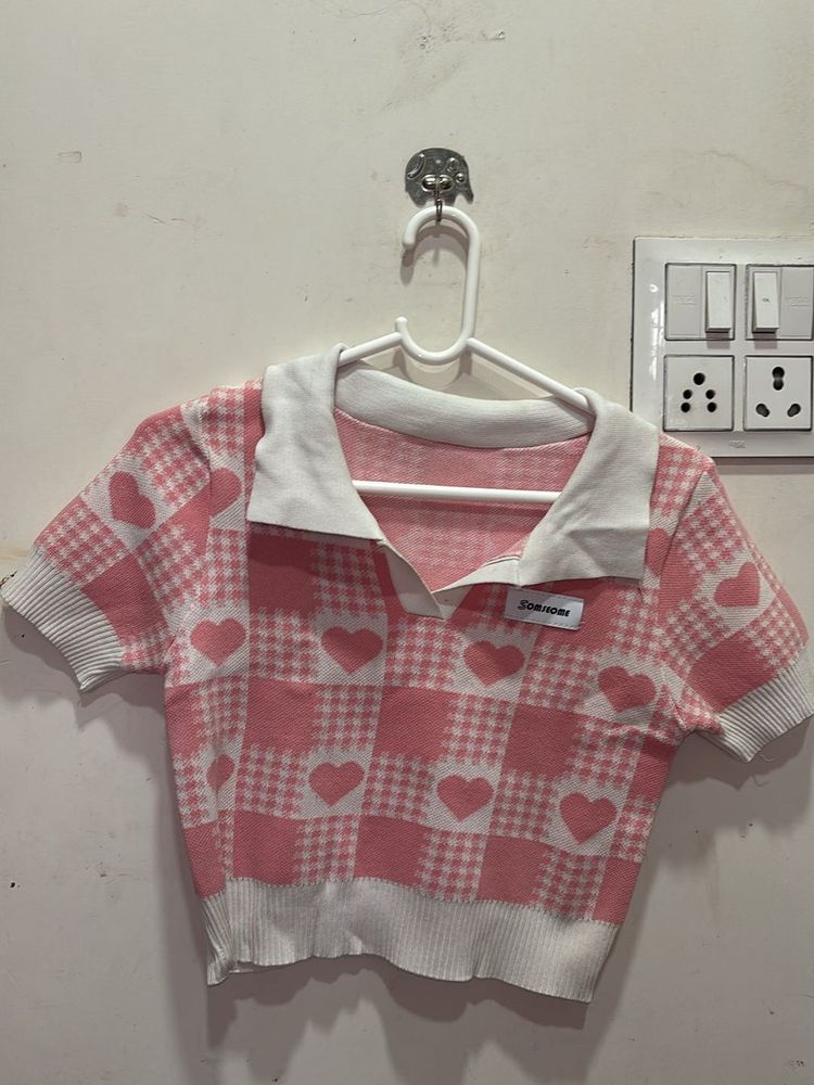 Pink Heart Checkered Crop Top
