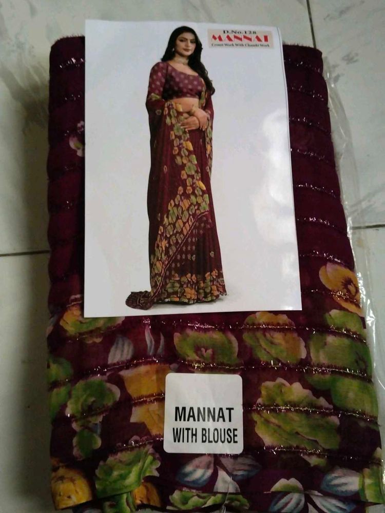 Floral Maroon Saree with Blouse