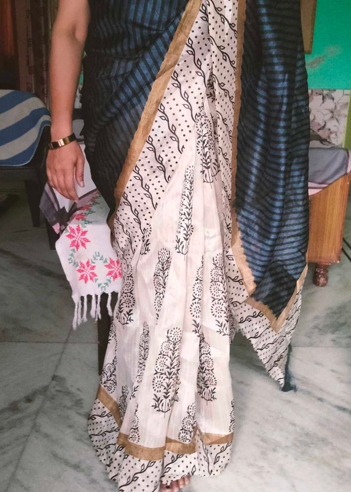 Blue and off white saree