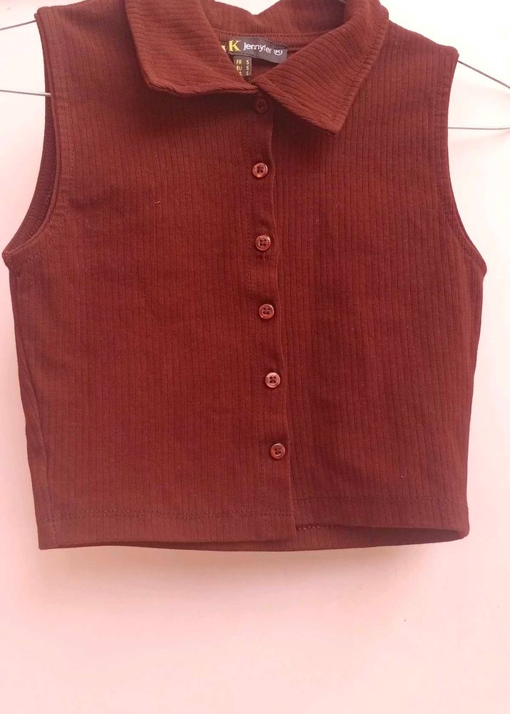 Brown Ribbed Crop Top
