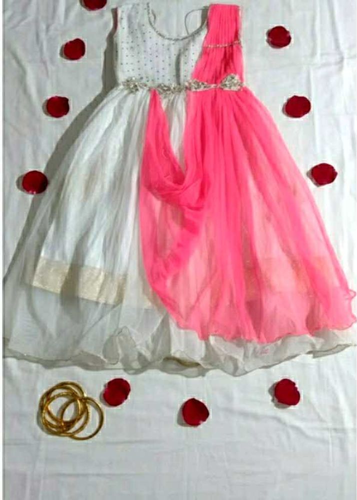 Elegant White &amp; Pink Girls Party Wear Gown |