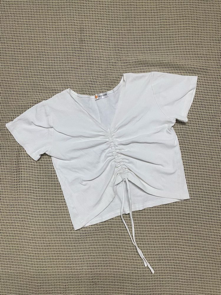 White Ruched Drawstring Top