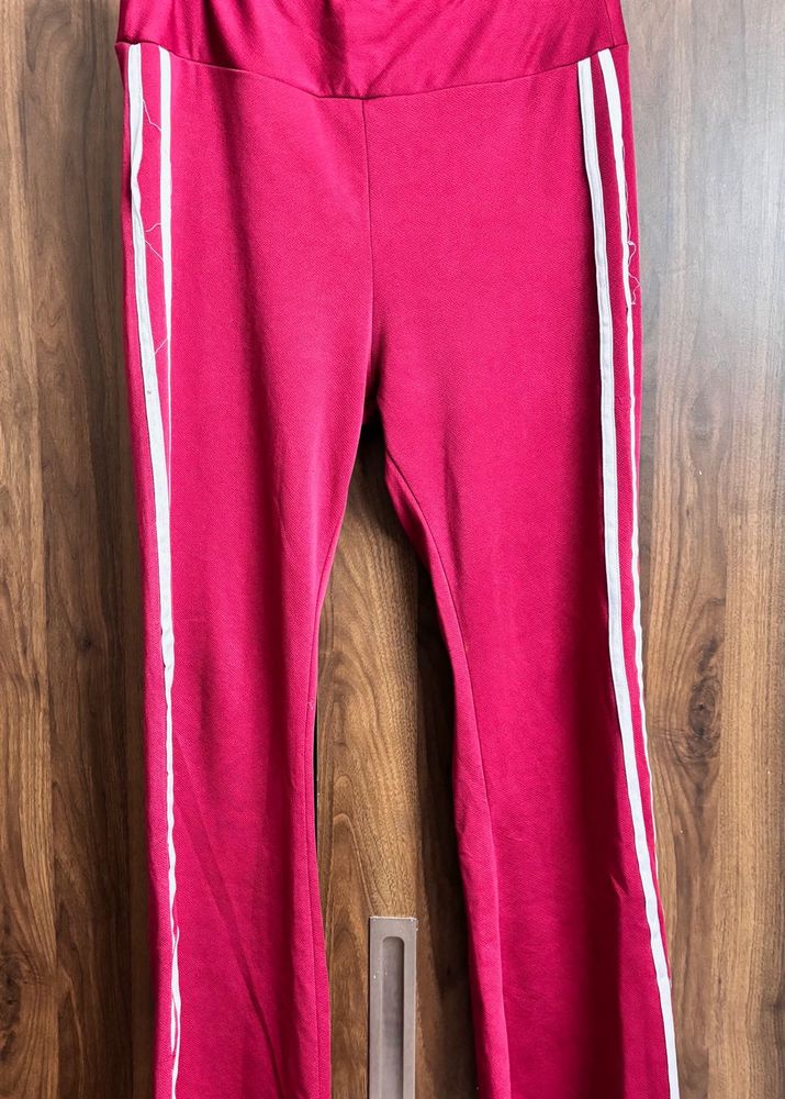 Red Flared Track Pants with Stripes