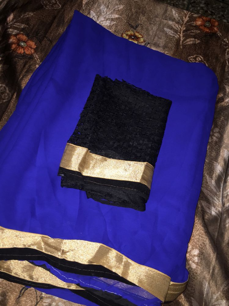 Elegant Blue Saree with Black &amp; Gold Trim