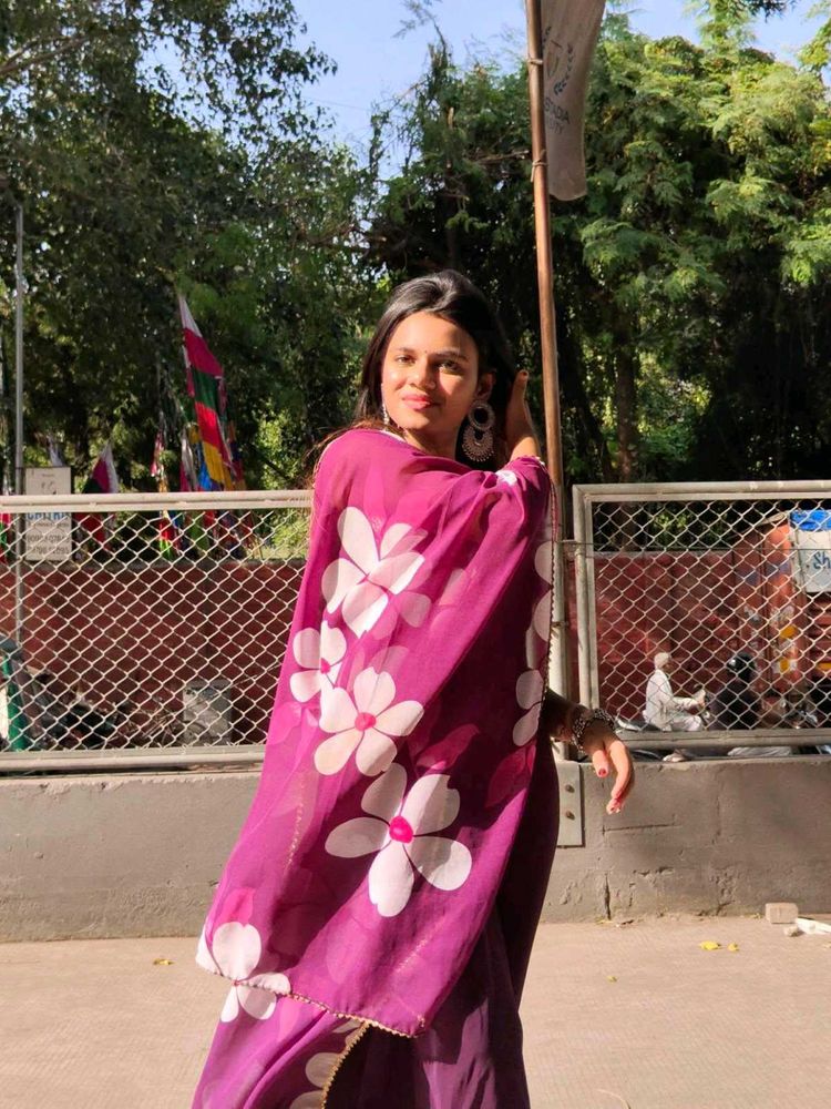 Elegant Purple Dress With Floral Duppata