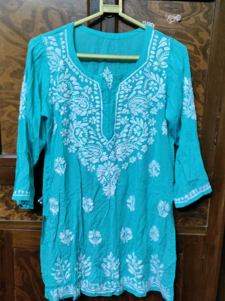 blue pure Chikankari short kurti