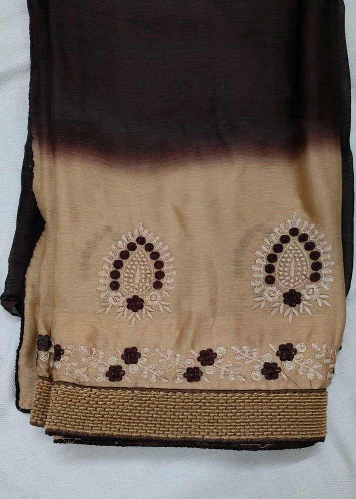 Elegant Brown &amp; Beige Embroidered Sari