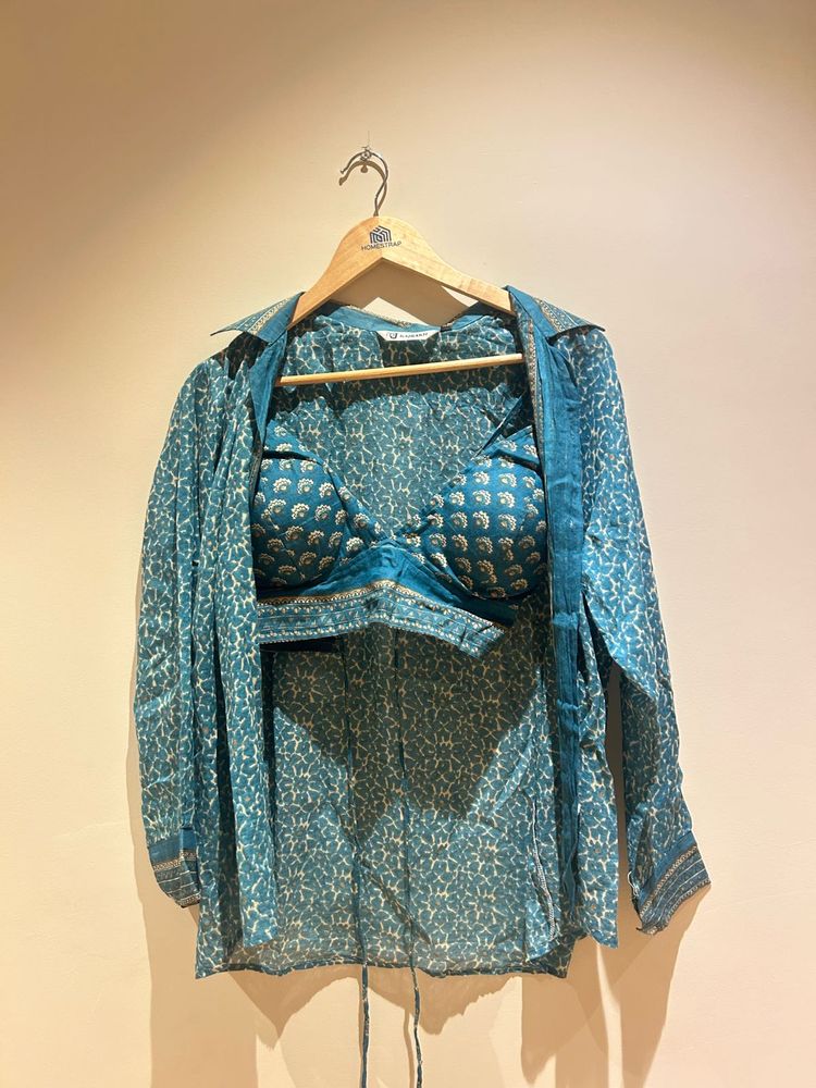 Teal Printed Bikini Top Set &amp; Shirt