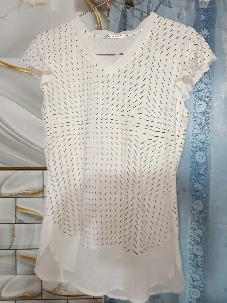 White Graphic Print Ruffle Sleeve Top