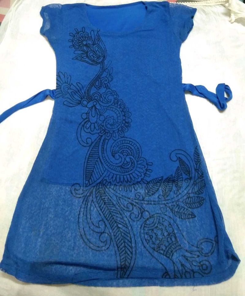Printed Net  Long Top With Short Sleeves