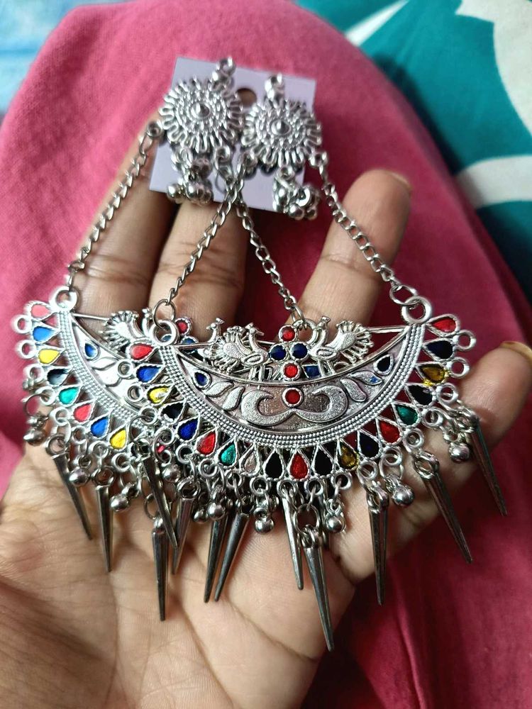 Boho Peacock  Silver Earrings