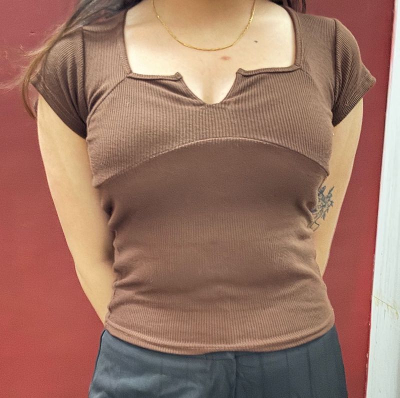 Brown Ribbed V-Neck Top