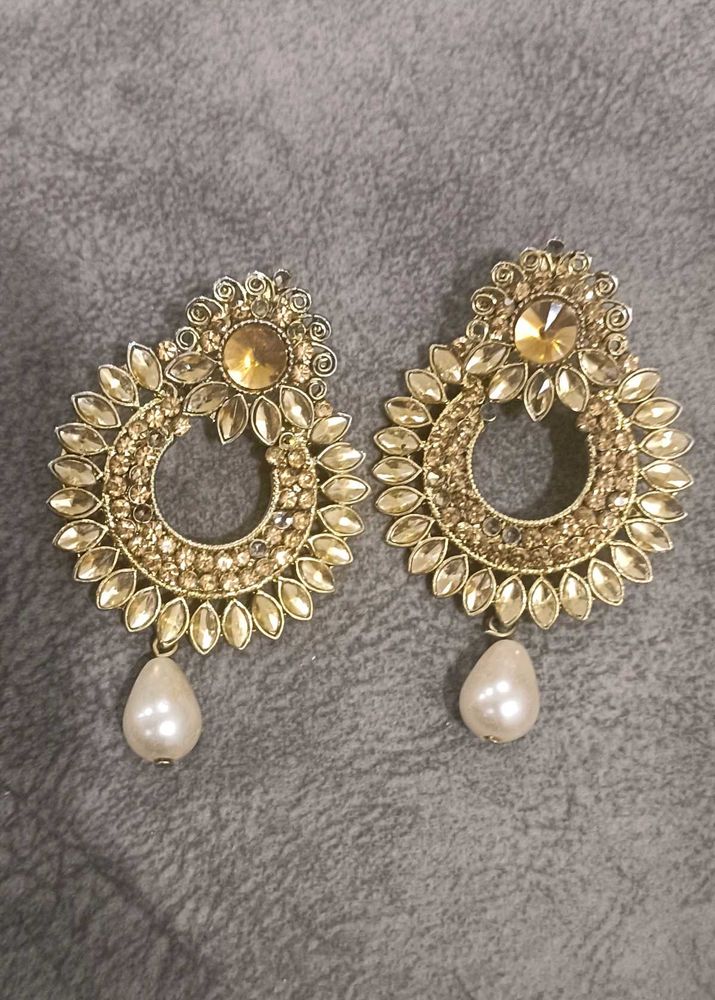Studded Gold &amp; Pearl Drop Earrings