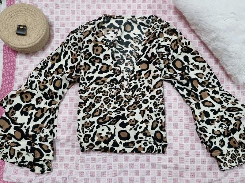 Leopard Print V-Neck Top With Bell Sleeves