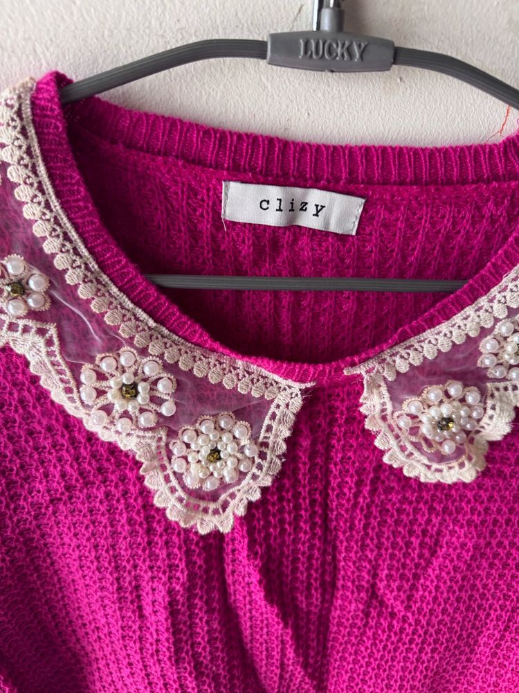 Pink Sweater w/ Lace Collar