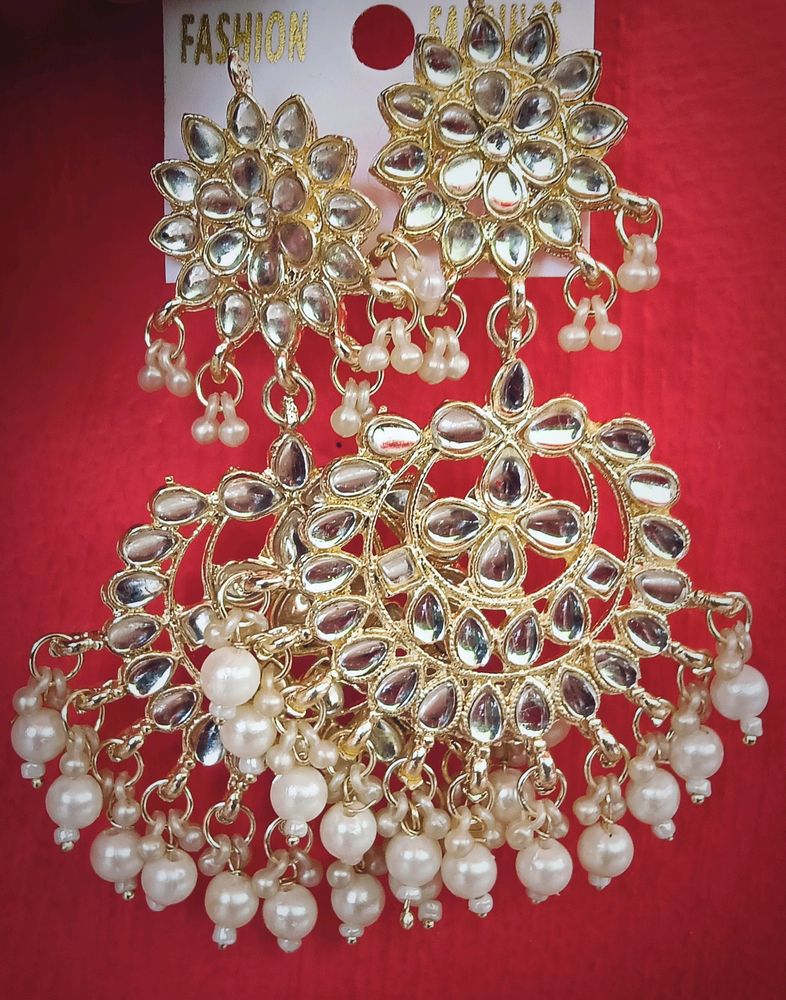 White Kundan Gold Plated Chandbali Earrings
