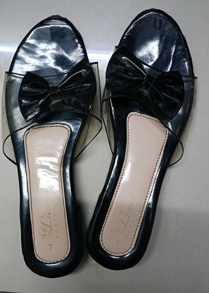 Black Sandal With Bow And Transparent Layer On It