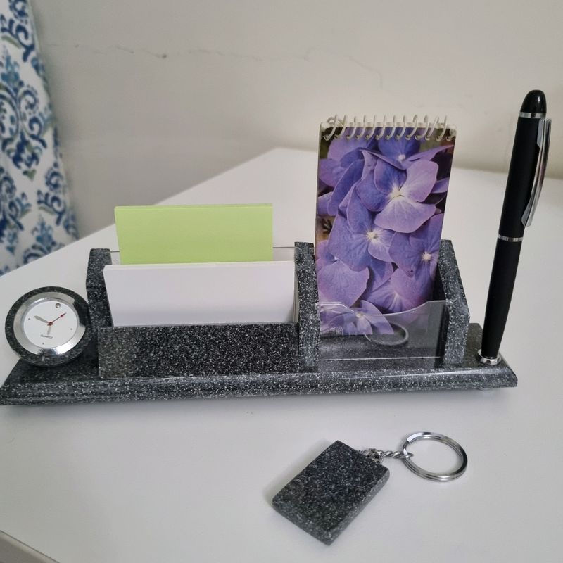 Granite Desk Organizer With Clock &amp; Pen Holder With Keychain