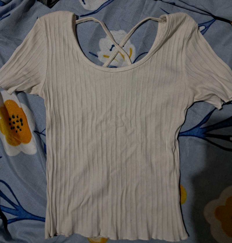 Beige Ribbed Criss-Cross Back