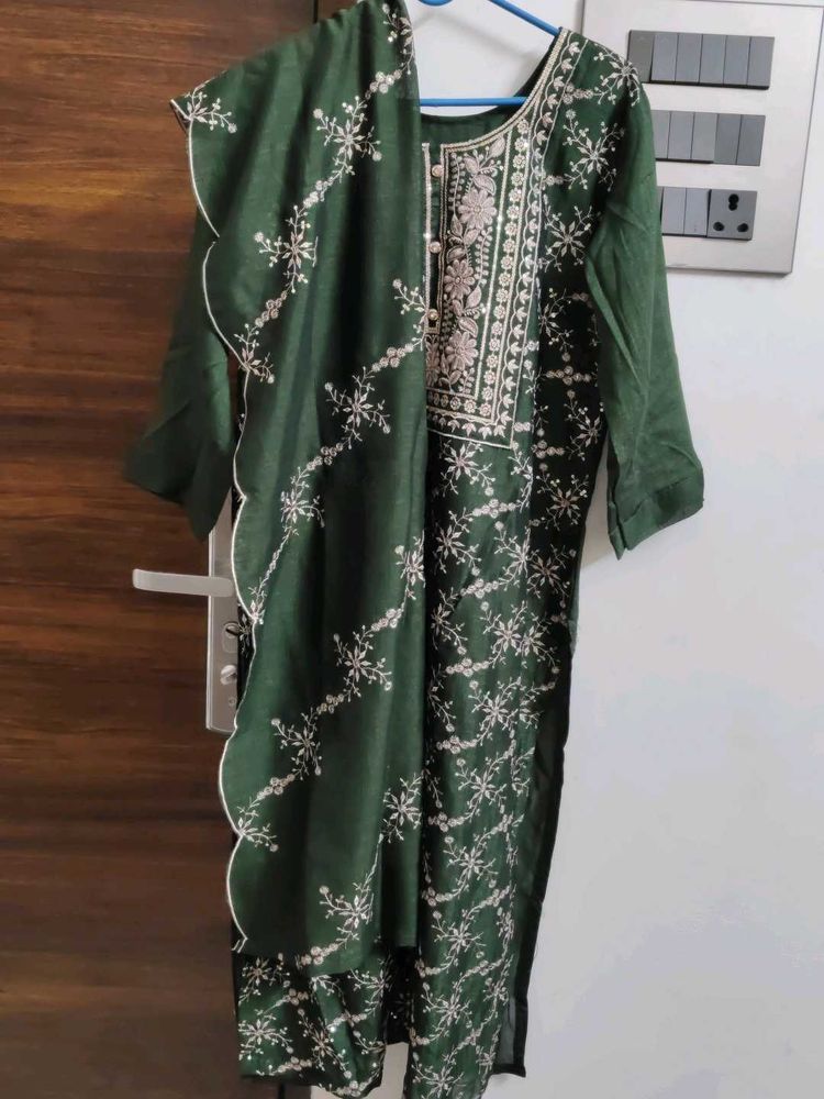 Dark Green Full Embroidery Kurti With Shawl