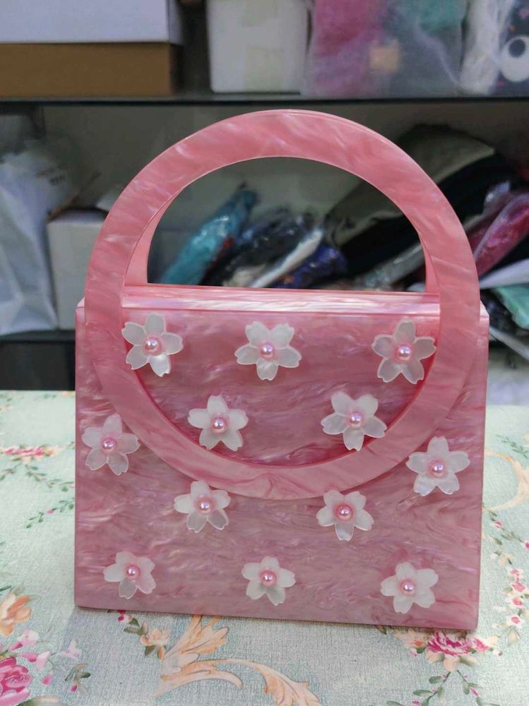 Pink Floral Acrylic Top Handle Bag