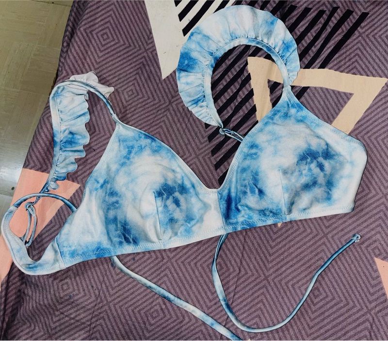 Blue Tie Dye Ruffle Bikini Top