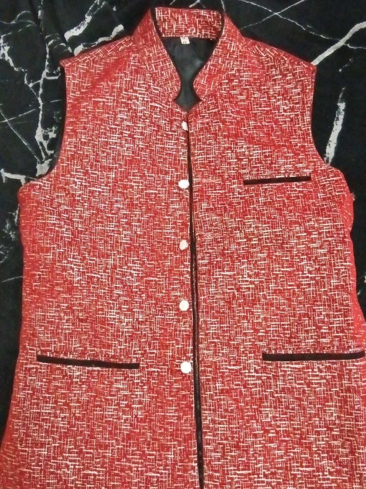 Red Textured Nehru Jacket (cash=low price) pls