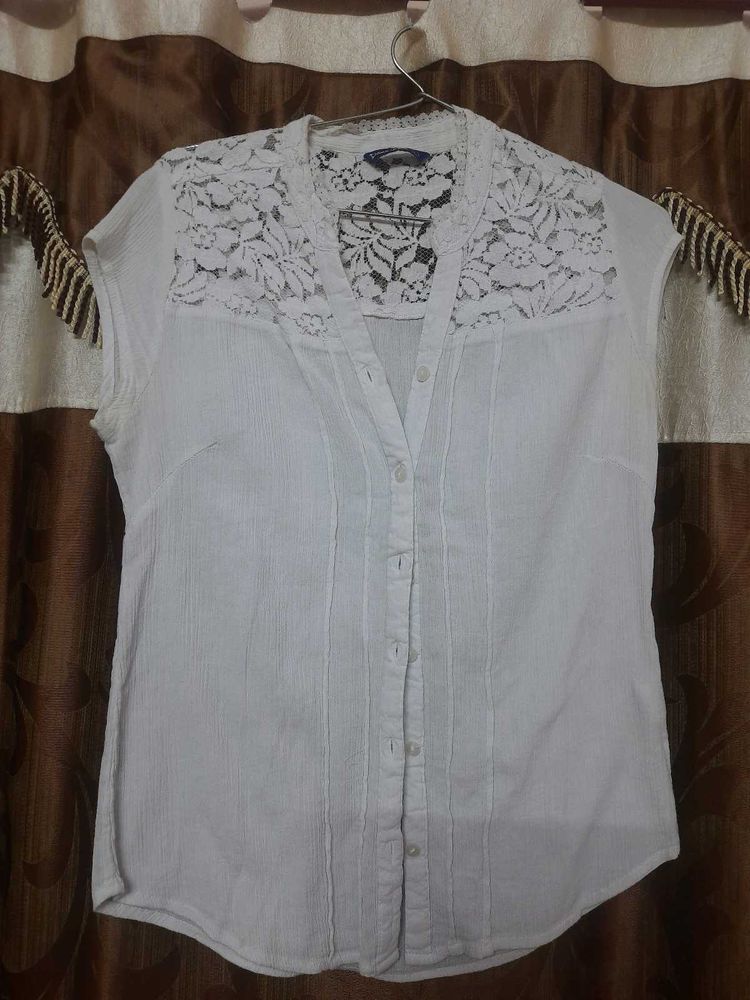 Korean White Lace Top Button-Down Shirt
