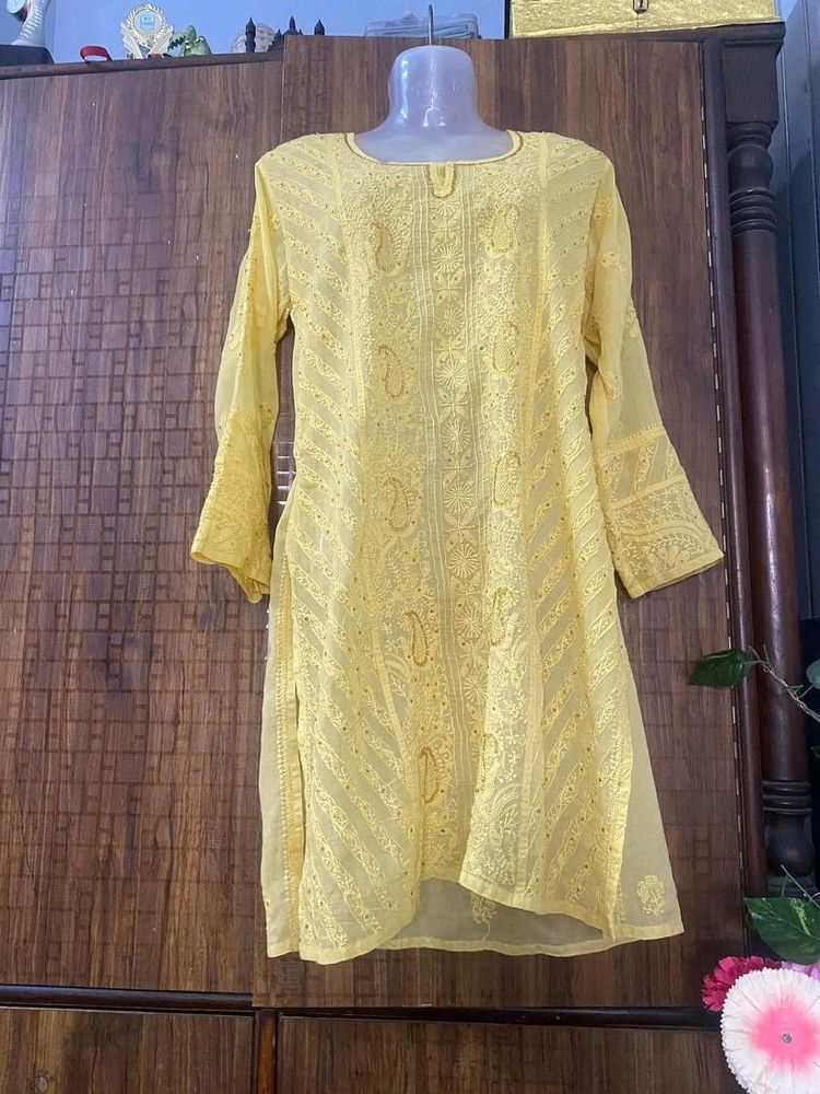 Chiffon Yellow Chikankari Embroidered Kurta