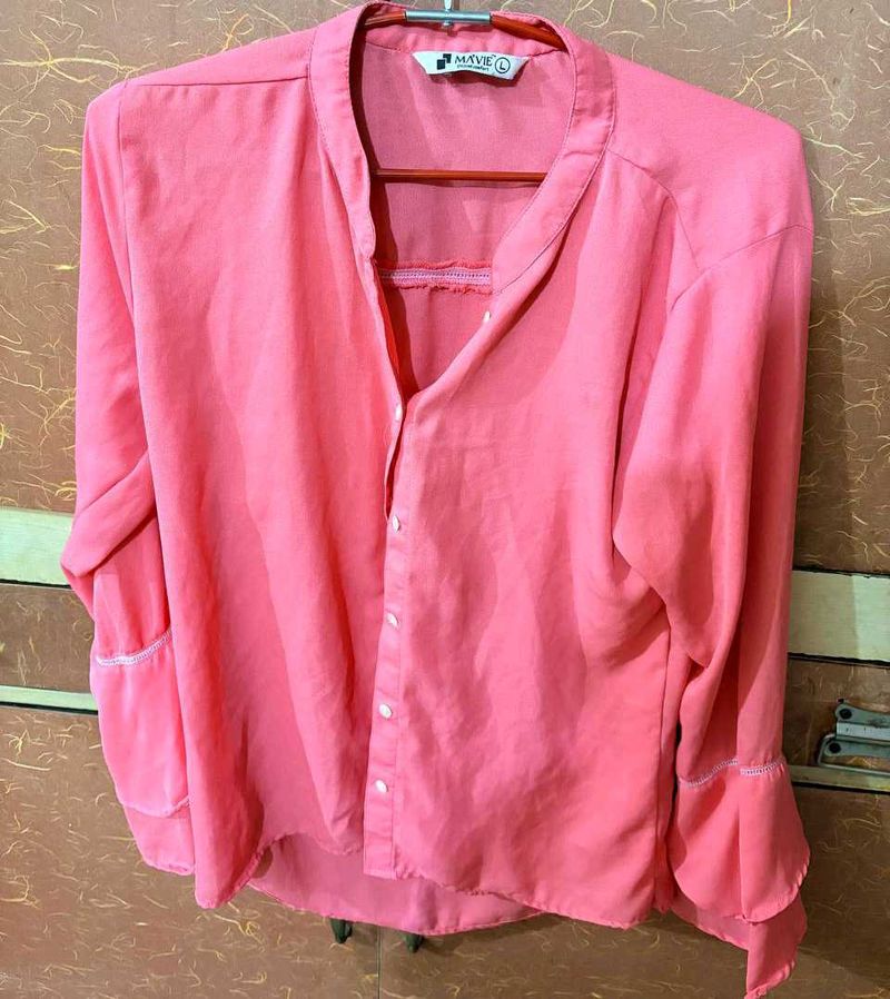Coral Blouse with Bell Sleeves