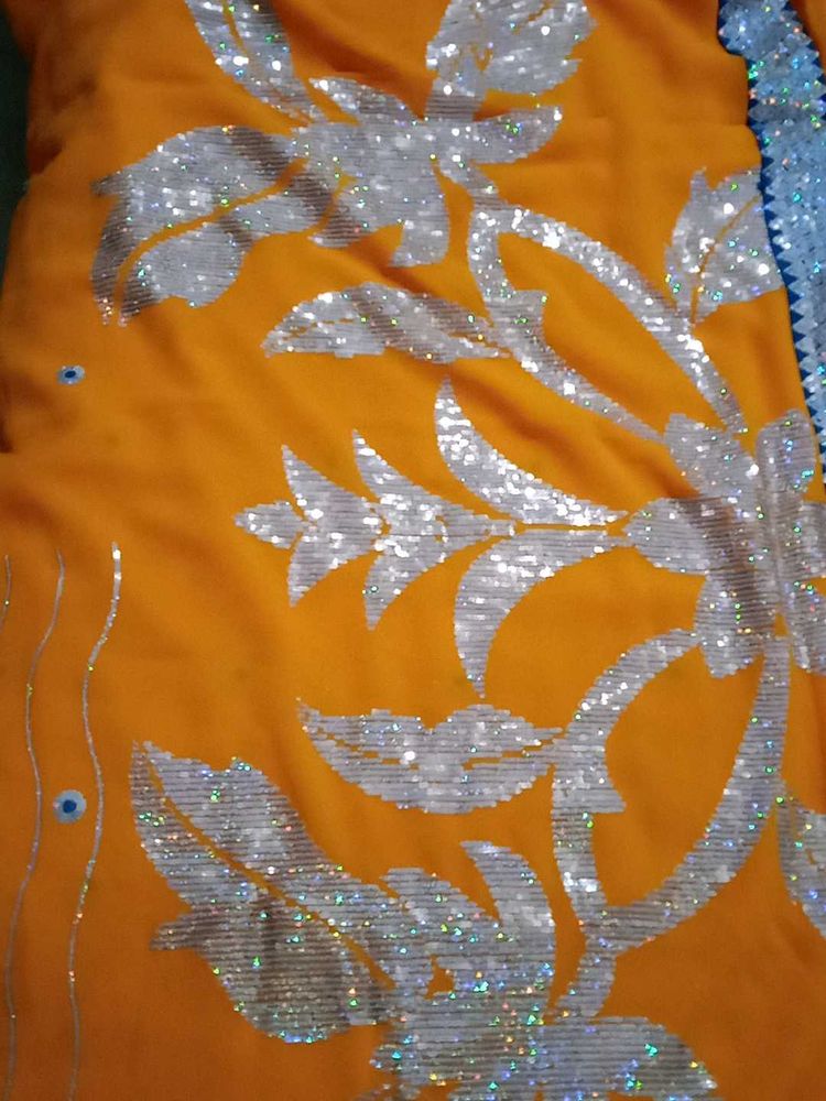 Yellow Sequence Saree with Blue Border