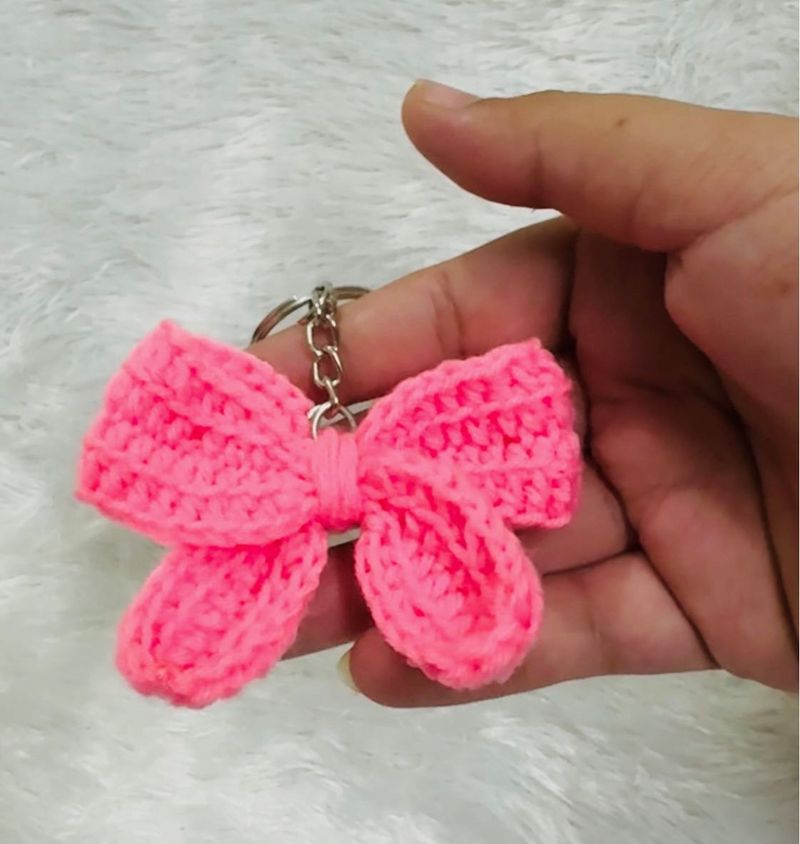 Pink Crocheted Bow Keychain