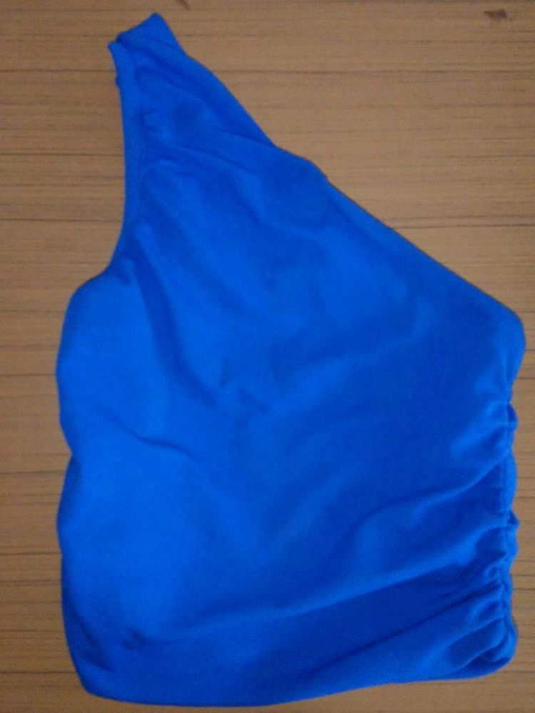 Blue One-Shoulder Ruched Top