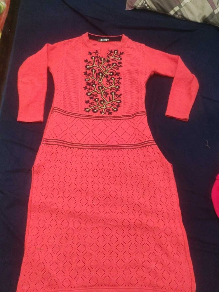 Embroidered Pink Woolen Kurti