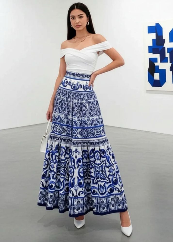 Blue &amp; White Pattern Maxi Skirt