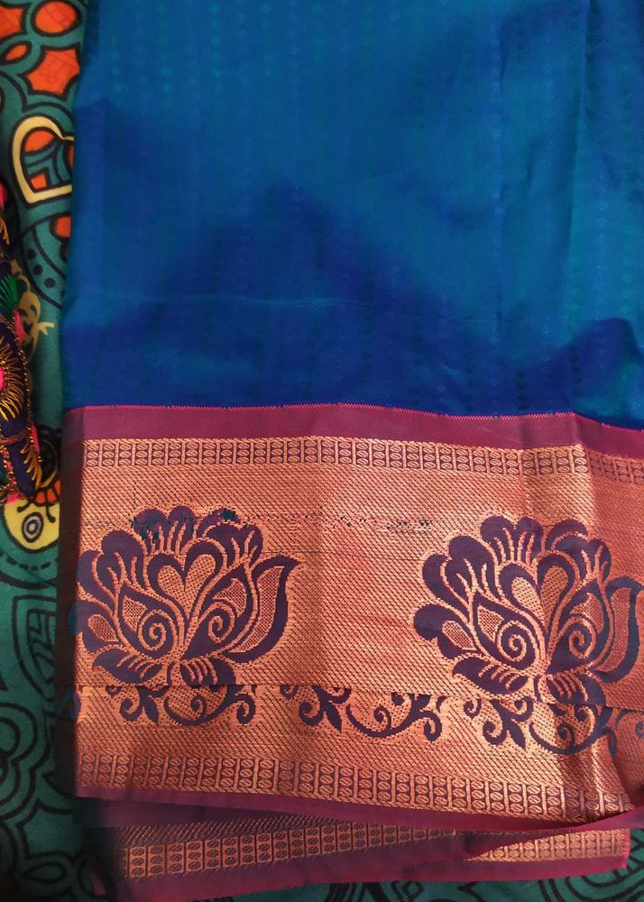 Blue Silk Saree with Floral Border