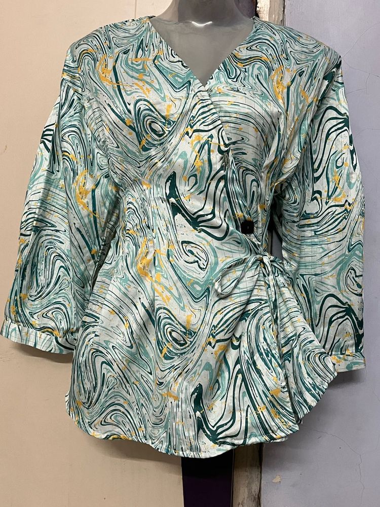 Branded Abstract Print Wrap Top