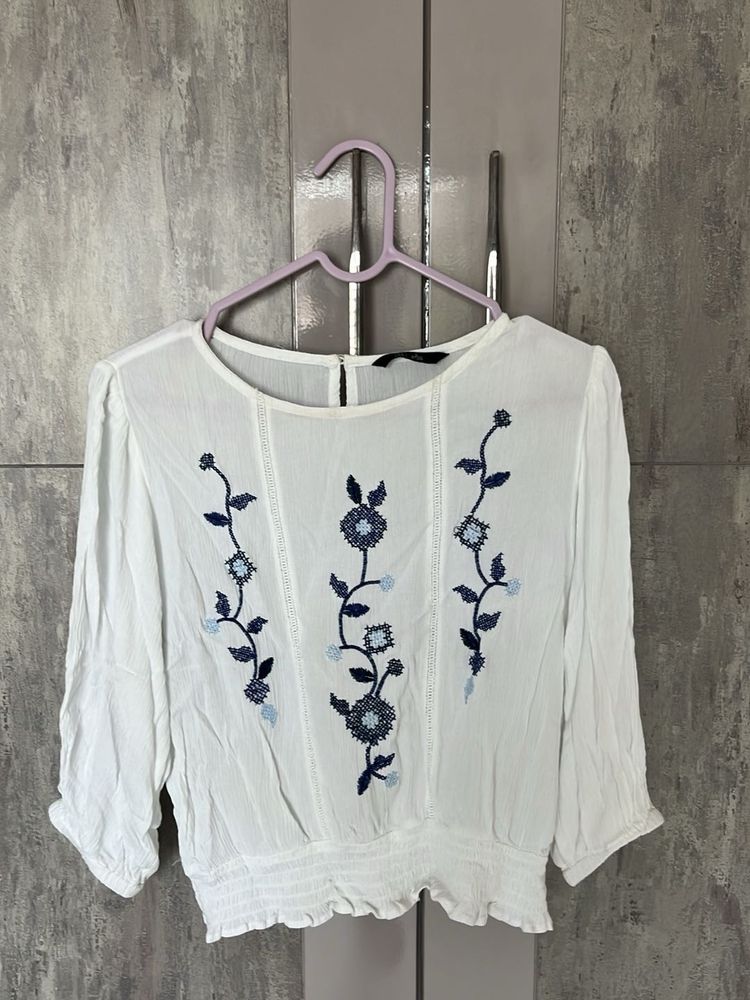 Floral Embroidered White Blouse