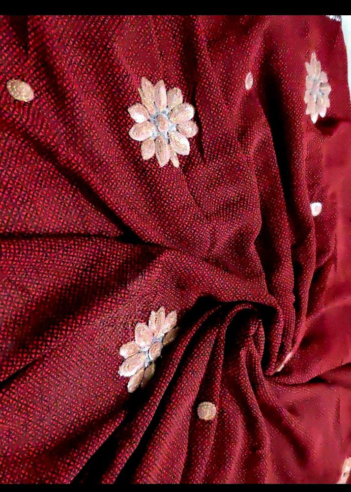 Floral Embroidered Maroon Saree
