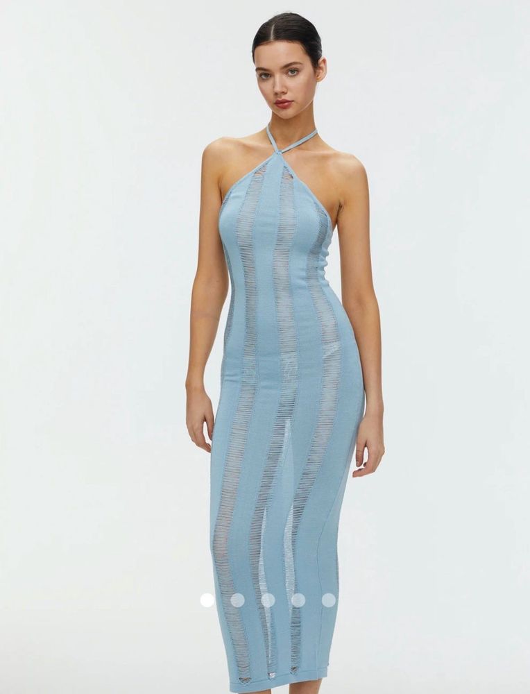 Blue Knitted Halter Maxi Dress