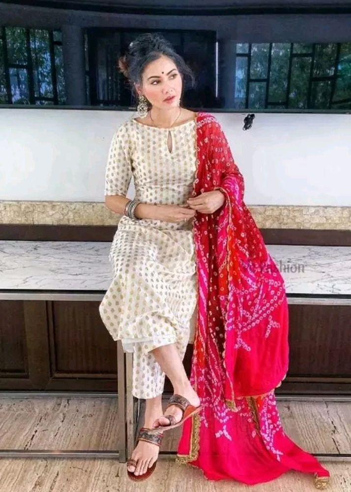 Cream Suit with Red Dupatta