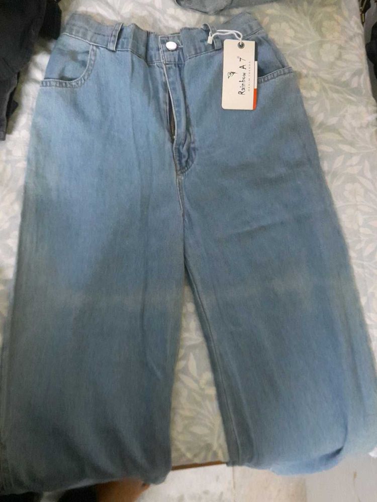 Light Wash Wide Leg Jeans With A Slit