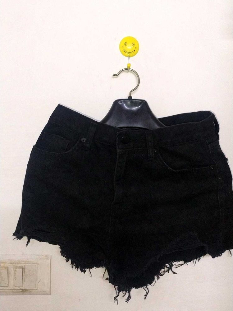 Black Denim Distressed Shorts