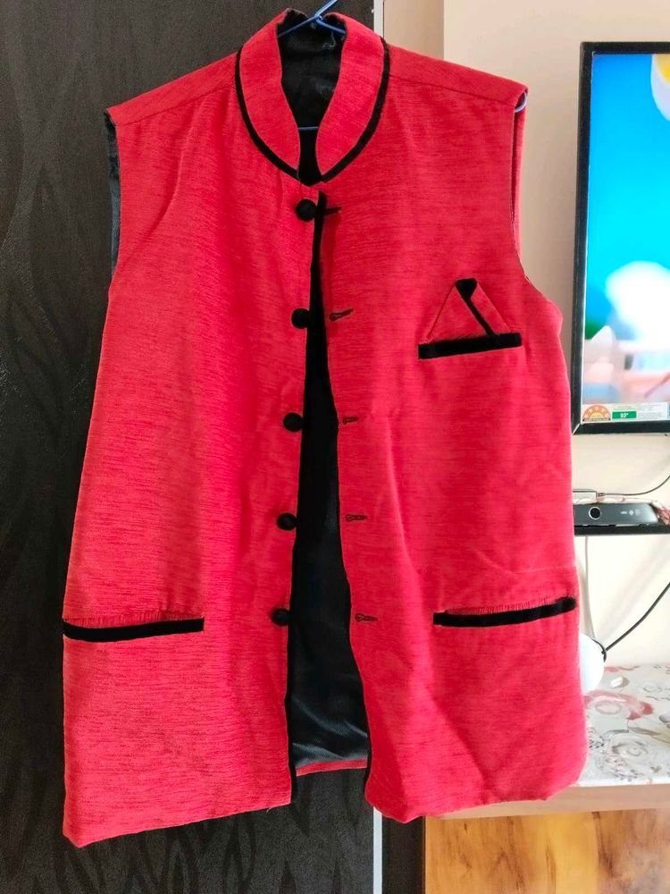 Red Ethnic Sleeveless Jacket