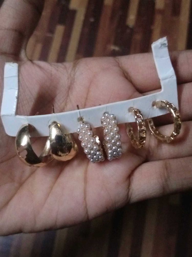 Earring Set: Gold Hoops &amp; Pearl Studs (3 Pairs)